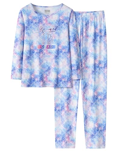 Image of Tie Dye Mermaid Sloth Christmas Halloween Pajamas for Girls Long Sleeve and Pants Nighty PJS 2-piece Set Size 6-16