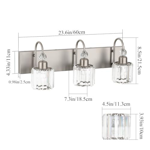 Image of Ralbay Brushed Nickel Vanity Light for Bathroom Crystal 3-Light Modern Bathroom Light Fixtures