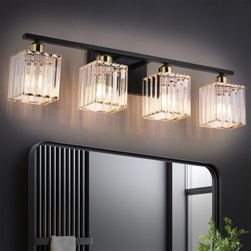 Image of She's home 28 Inch Black Gold Vanity Light for Bathroom 4 Lights, Bathroom Wall Light Fixture Over Mirror with Crystal Shade