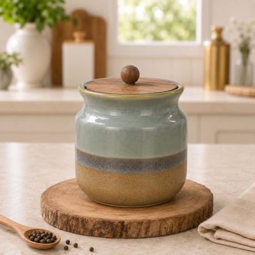 Image of The Earth Store Rustic Green Pickle Jar Set of 1 - 800ML Airtight Ceramic Jar for Kitchen Storage | Microwave & Dishwasher Safe Achar Container | Pickle, Salt & Spice Storage Jar