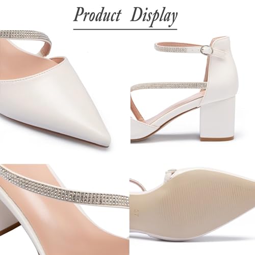 Frank Mully Women's Heel Pumps Close Toe Heels Low Block Chunky Pumps Shoes with Ankle Straps Wedding Party Dress Shoes Rhinestone2