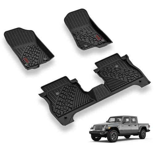 3W Floor Mats Compatible for Jeep Gladiator 2020-2024 2025, Custom Fit TPE All Floor Liner for Weather Jeep Gladiator,1st & 2nd Row Full Set Car Liners with red Logo,Black Jeep Gladiator 202