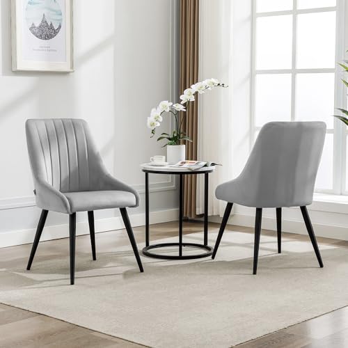 Image of Finch Fox Morris Velvet Dining Chair for Living Room, Bedroom, Home Office with Black Metal Legs in Light Grey Color (Set of 6)