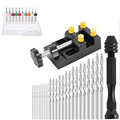 YWD-FMM 37 Pieces Hand Drill Set Pin Vise Hand Drill with Mini Drills (0.3-1.2 mm PCB Drill), Twist Drills and Bench Vice Set