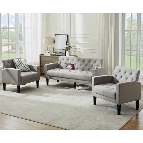 TYBOATLE Mid-Century Modern Tufted Loveseat Sofa Set w/ 2 USB & 2...