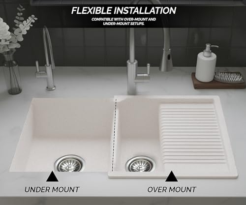 Image of EVANEX Quartz Sink for Kitchen | 45x20x9 inch Double Bowl Kitchen Sink with Drain Board | Matt Finish | Rosa Quartz Kitchen Sink with Sink Connector, Waste Pipe, Coupling and Drain Basket