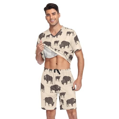 Mens Short Sleeve Pajama Set Vintage Bison Pattern Print 2-piece Lounge Sleep Sets Men's Sleepwear S-XXL3