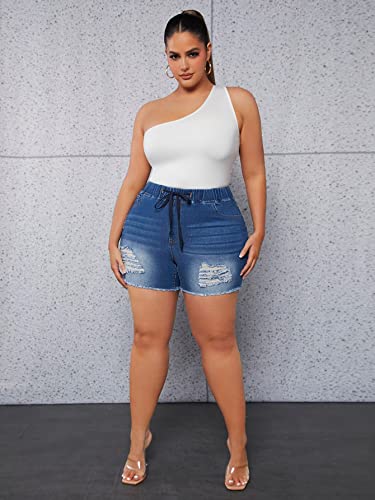Makemechic Women's Plus Size Ripped Denim Shorts Drawstring Waist Stretch Skinny Jean Shorts Dark Wash 3Xl #TOP4
