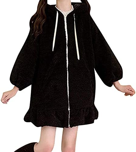 glusess Cute Kawaii Bunny Ear Hoodie Jacket Coats for Women Fashion Fuzzy Fluffy Rabbit Hooded Sweatshirt Outwear (Color : Black, Size : X-Large)