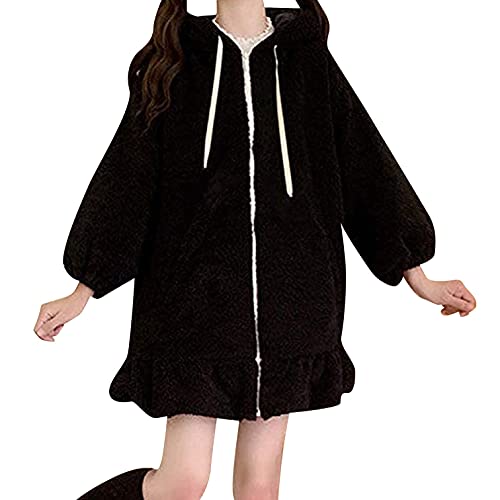 Glusess Cute Kawaii Bunny Ear Hoodie Jacket Coats For Women Fashion Fuzzy Fluffy Rabbit Hooded Sweatshirt Outwear (Color : Black, Size : X-Large) #TOP3