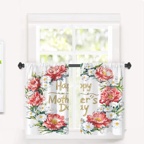 BaoNews Mother's Day Flowers Blackout Tier Curtains, Mother's Day Floral Greeting Half Window Drapes for Kitchen with Rod Pocket,Room Darkening 2 Pack 26X36 Inches