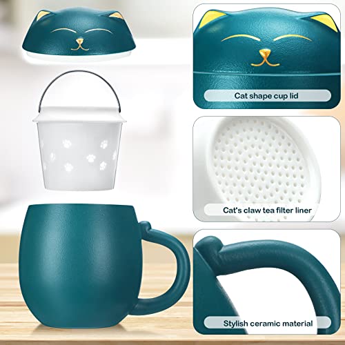 2 Pcs Ceramic Tea Mug With Infuser And Lid Cute Cat Tea Coffee Cup With Filter Handmade Porcelain Steeping Teacup For Loose Leaf Tea For Travel Home Office Cat Lovers Gift, Black, Green #TOP2
