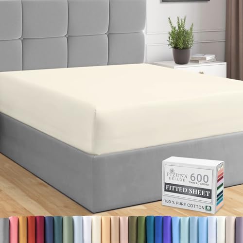 Image of Pizuna Pure Combed Cotton Super King Fitted Sheet Ivory, 600 Thread Count 100% Long Staple Cotton Fitted Sheet 180x200 cm, Sateen Weave Superking Fitted Sheet Extra Deep 40 cm Fit 1 PC