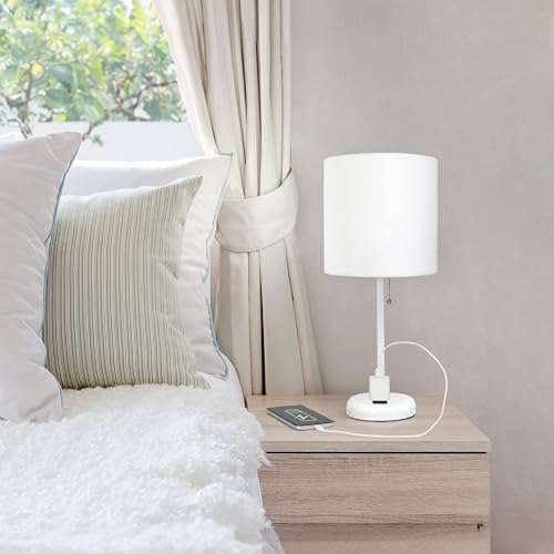 Simple Designs LT1144-WOW Sleek and Slender White Table Lamp with Charging Outlet for Bedroom, Living Room, Entryway, Office, Dining Room, Study, White Shade - Thumbnail 2