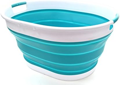 SAMMART 25L Collapsible Oval Laundry Basket/Tub - Foldable Storage Container - Portable Washing Bin - Space Saving Hamper (Bright Blue)