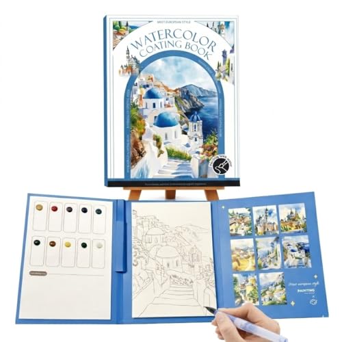 Stress Relief Watercolor Book Painting Kit, All-in-One Portable Watercolor Workingbook with 12-Color Pigment Card & Water Brush Pen, Relaxing Creative Tri-Fold Painting Set for Beginners and Adults