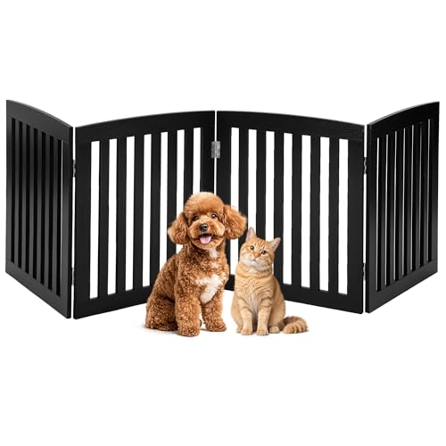 DUMOS Pet Gate for Dogs and Cats, 24 Inch 4 Panels Foldable Wooden Freestanding Dog Gate with Hinge Design, Indoor Portable Extra Wide Dog Fence Pet Barrier for Doorways, Stairs, Kitchen, Black