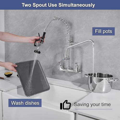 Commercial Kitchen Faucet, Wall Mount Faucet, Commercial Faucet with Sprayer, 8\'\' Center 3 Compartment Sink Faucet with 12\'\' Swing Spout, Chrome