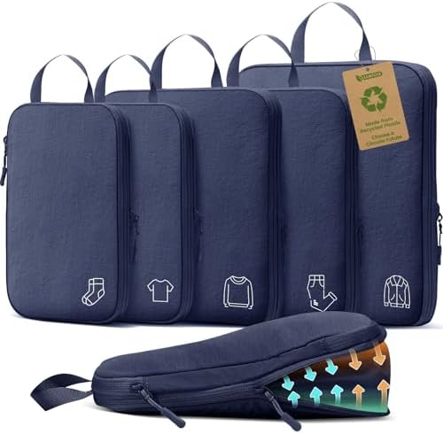 Samfolk Packing Cubes Compression Pack of 5 Suitcase Organiser Packing Cubes Travel Essentials Travel Organiser Set Packing Bags for Suitcase Backpack Navy Blue image 2