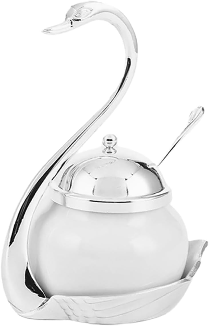 Garneck European Swan Shaped Honey and Spice Jar Spoon Vintage Condiment Container for Sugar Seasoning and Honey Storage Elegant Kitchen Canister for Home Decor