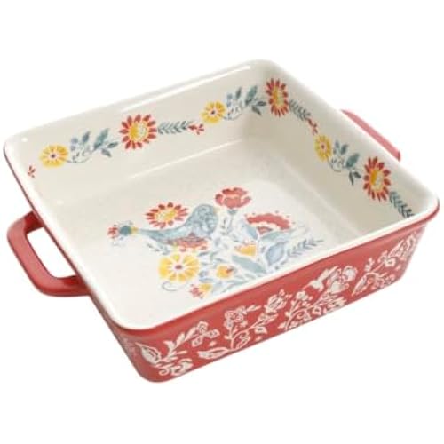 Pioneer Woman Mazie 8 x 8-inch Square Casserole,Cornbread, Cake, Pie, Ceramic Baker Dish, Red