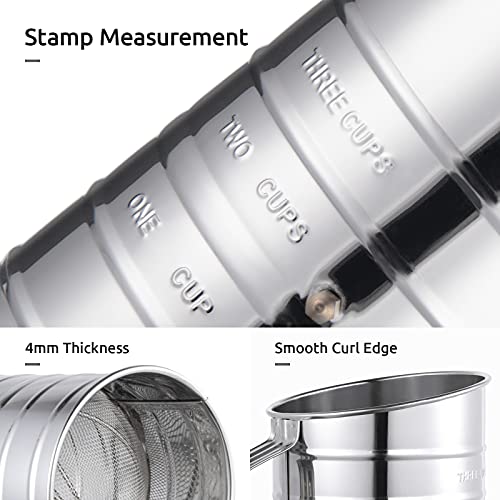 Image of U-Taste Stainless Steel 3 Cup Flour Sifter with 4 Wire Agitators for Quick Sifting, 1 Cushion Ring, Crank Plastic Handle, Stamped Measurement, 20 Fine Mesh for Baking Flour, Powered Sugar