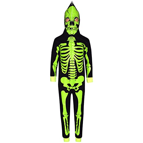 A2Z 4 Kids Girls Boys Skeleton Jumpsuits Pajama Polyester Onesie Halloween Costume Fun Playsuit with Full Skull Face Mask