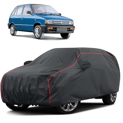 Image of Sulfar 100% Water Resistant Car Body Cover Compatible with Mirror for Maruti Suzuki 800 (Triple Stitched, Full Bottom Elastic, Dark Grey Taffeta with Red Piping)