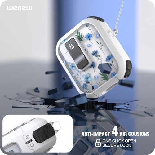 Image of WENEW Case for AirPods 1 & 2 Case Cover Secure Lock Automatic Snap Switch Clip Cleaner Kit Lanyard Women Stylish Flower Armour Hard Shell Full Body (Blue, AirPods 1st & 2nd)