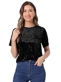 Allegra K Casual Velvet Top for Women's Solid Round Neck Short Sleeve T-Shirt Medium Black