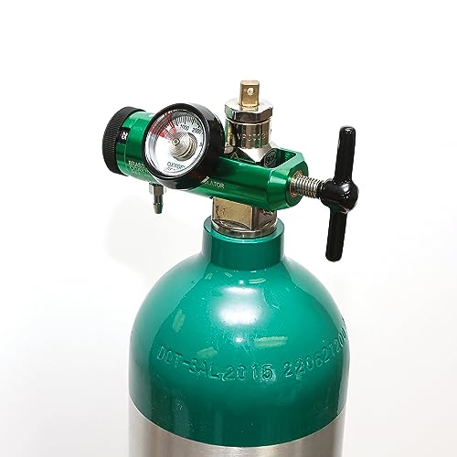 AireMed Oxygen Regulator 0-25LPM, CGA-870 Gauge Flow Rate – Includes Wrench Key, 5 Brass Yoke Washer Seals, and 2 Oxygen Tubing Swivel Connectors - Ergonomic Handle Design - Green