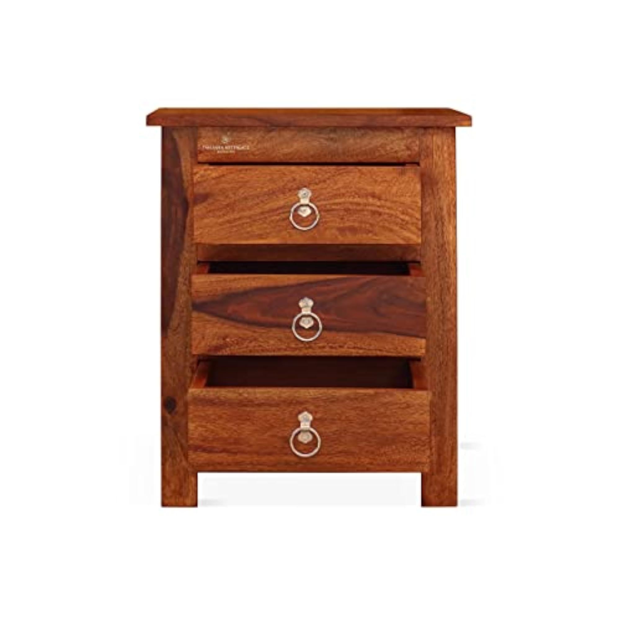 Solid Wood Trio Bedside Table with 3 Drawers, Natural Honey Oak Finish