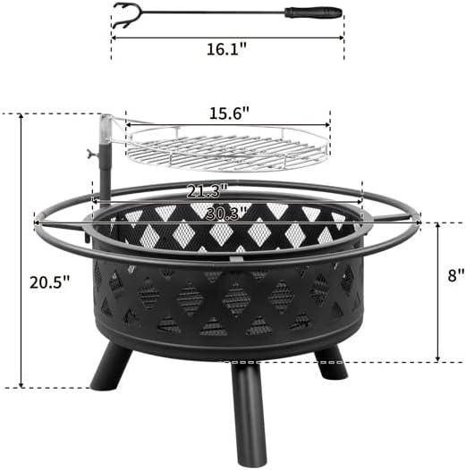 BlackFire Pit for Outside, 30" Outdoor Burning Fire Pits, Patio Backyard Firepit with Steel BBQ Grill Cooking Grate, Steel Firepit Bowl for Patio Garden, 30.3" D x 30.3" W x 20.5" H