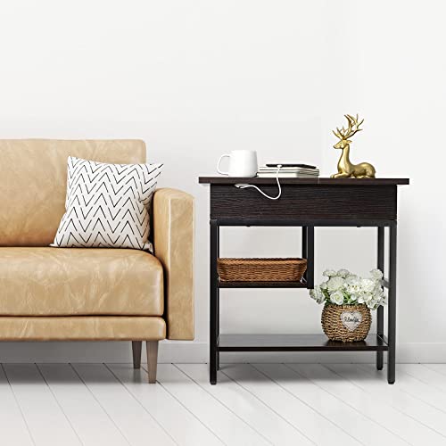 Hadulcet Side Table With Usb Ports And Outlets, Narrow Sofa End Table With Storage Shelf For Small Sapces, Nightstand With Charging Station Bedside Table For Living Room, Black Walnut #TOP1
