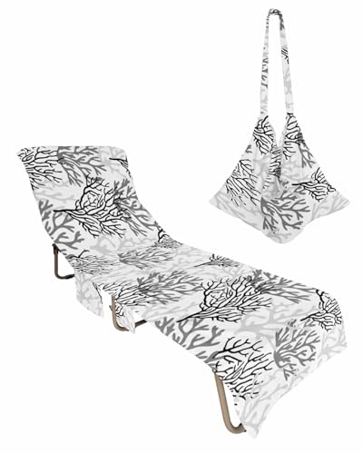 Black Gray Coral Coastal Beach Lounge Chair Towel Cover, Soft Chaise Lounge Towel with Side Pockets Patio Pool Chairs Cover for Beach/Pool Sunbathing 29x85 Summer Beach Seaside Nautical