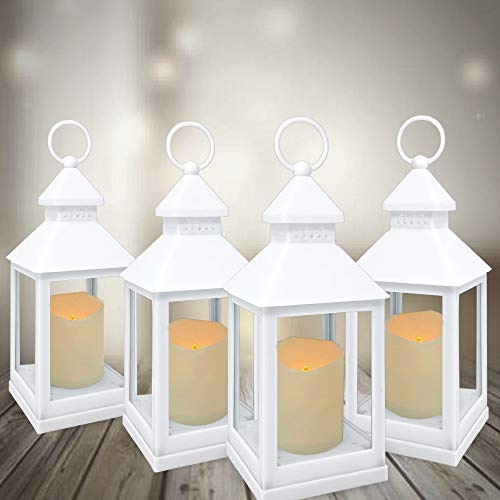 Decorative White Lanterns - Set Of 4- Remote Control - 4 Hour Timer – 9 3/8"H White Led Lanterns With Flameless Pillar Candles Included - Indoor/Outdoor Lantern Set- Hanging Or Sitting Decoration #TOP2