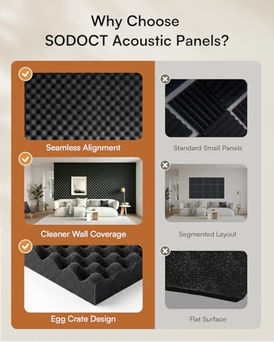 Image of SODOCT 4 Pack Large Egg Crate Acoustic Foam Panels, 48 x 24 x 1.2 Inches High Density Sound Proof Foam for Walls, Professional Sound Absorbing Studio Panels for Home Theater, Recording (Black)