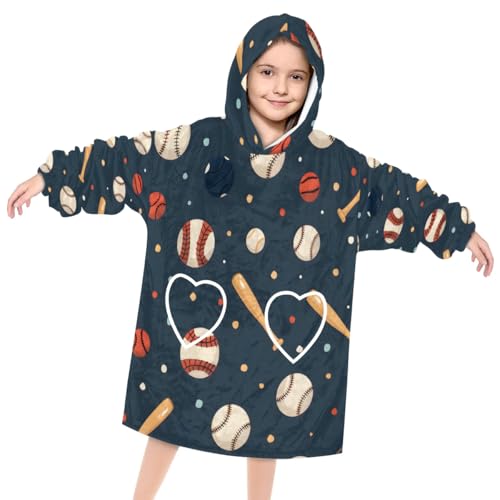 Pardick Wearable Blanket Hoodie for Kids, Retro Baseball Fleece Sweatshirt Blanket Oversized Blanket Sweatshirt with Pocket Flannel Warm Hooded Blanket 6-10 Year Old Girl Boy Gift, One Size