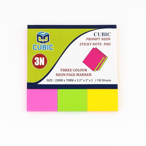 Image of CUBIC Prompt Neon Sticky Note Pad|Three Colour Neon Page Marker | 2.5cm x 7.5cm (1 inch x 3 inch) Pack of 2 | 150 Sheets Each | Fluorescent Colors | Easy Peel & Stick | Organize Notes & Reminders