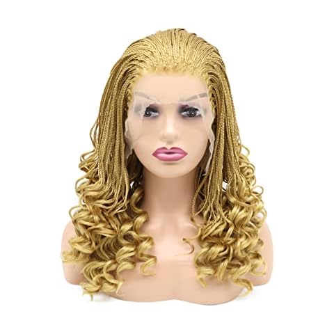 Kalisa Lace Front Braided Wig for Women Curly Box Braided Wig Fully Handmade Synthetic Curly Ends Lace Wig Heat Resistant Fiber Micro Braided Daily Makeup Wig (16, Blonde 613) Cover