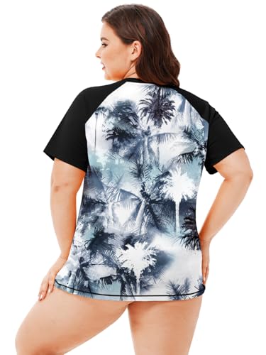 Image of AOBUTE Women Plus Size Rash Guard Zipper Short Sleeve SPF Swim Shirts