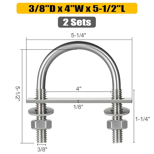 Image of 2 Sets Round U Bolts, u-Bolts 4 Inch Wide, 304 Stainless Steel U Bolt,with Nuts,Bolt Plate and Washers for Boat Trailer Tube(3 /8 inch D x 4 inch W x 5-1 /2 inchL)