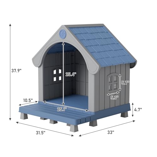 Fancyango Medium Dog House with Porch Outdoor Indoor Sturdy Plastic Waterproof Doghouse with Air Vents and Elevated Floor Easy Clean and Assemble for Medium Large Dogs (Blue1, 33" L×31.5" W×38" H) by Fancyango - Used condition - Image 6