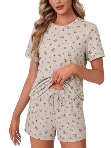Image of LYANER Pajama Set for Women 2 Piece Lounge Set Striped Crew neck Short Sleeve Tops and Shorts Soft Sleepwear