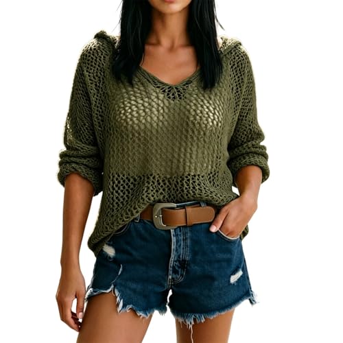 Suéter de Verano de Manga Larga con Capucha para Mujer, Salida de Playa, Casual, de Ganchillo, Hueco, suéter de Punto
