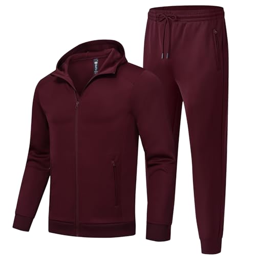 MoFiz Men's Tracksuits Full Zip Long Sleeve Solid Jogging Sets Active Jackets Sweatpants 2 Piece Sport Suit For Men's Outfits Wine Red Small