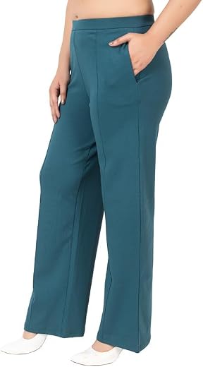 Mlada Mid Waist Wide Leg Flared Pants Elastic Waist Band for Women Office Work Formal Wear Stretch Cotton Knit Flare Pants...