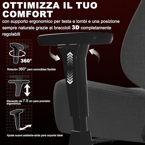 Devoko Silla Gaming Ergonómica de Tela Transpirable para Escritorio, Reposabrazos 3D Ajustables, Respaldo Reclinado 90–135°, Soporte Lumbar y Cervical Ajustable, Gris Carbón - imagen 7