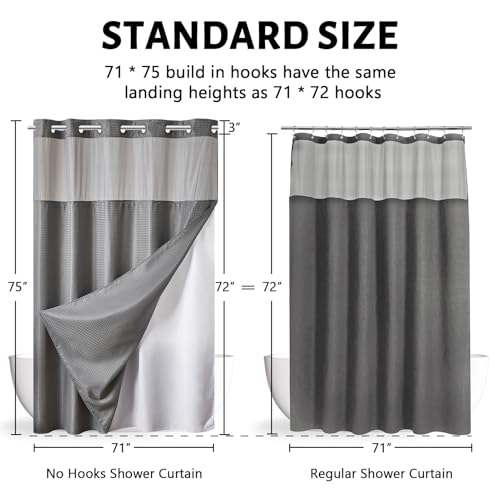 Image of Furlinic No Hook Shower Curtain with Snap in Fabric Liner Set,Waffle Weave Heavy Duty Bathroom Curtain with See Through Window,Waterproof & Machine Washable,Hotel Style,Light Grey,71x75 Inch