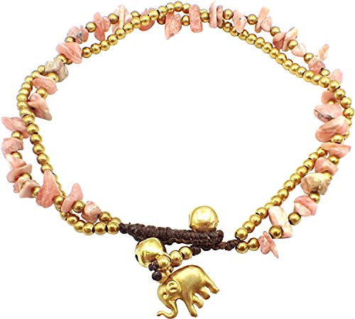 Bijoux De Ja Handmade Pink Rhodonite Chip Stone Elephant Charm Brass Beads Anklet Bracelet 10" #TOP22